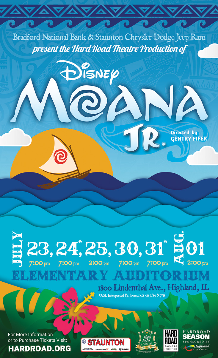 Poster for Hard Road Theatre's production of Disney Moana Jr., July 23, 24, 25, 30, 31 & August 1, 1021